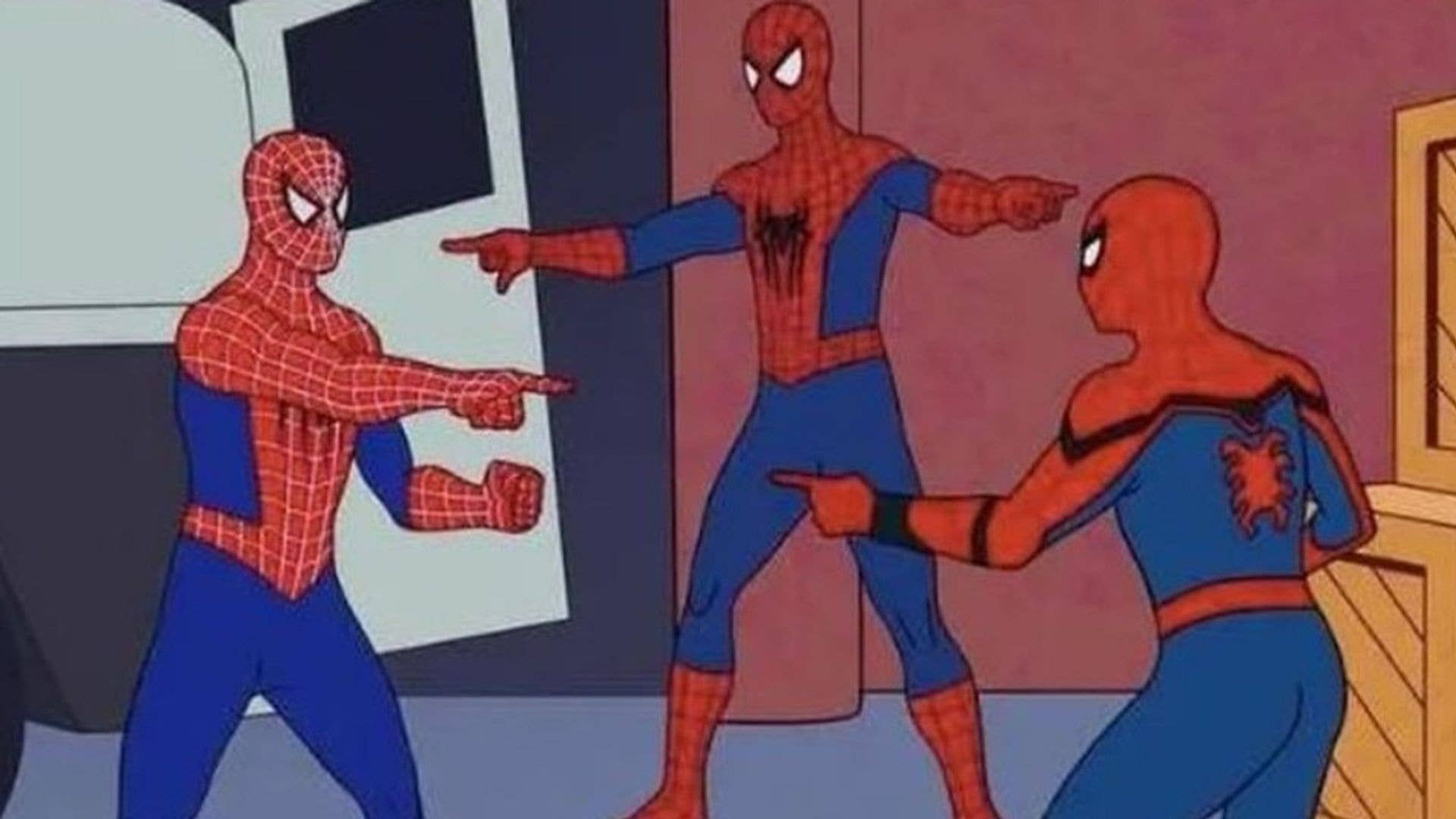 Multiple spider mans pointing to eachother meme