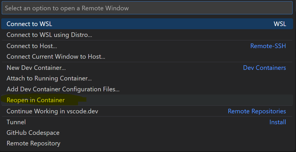 Picture of menu button, "Reopen in container"